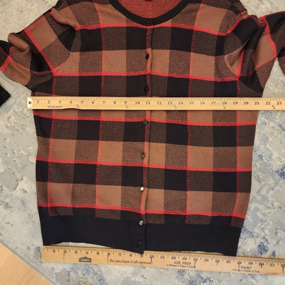 Ann Taylor Metallic Red Black Brown Plaid Button Knit Sweater Cardigan Cotton XL - Picture 8 of 16